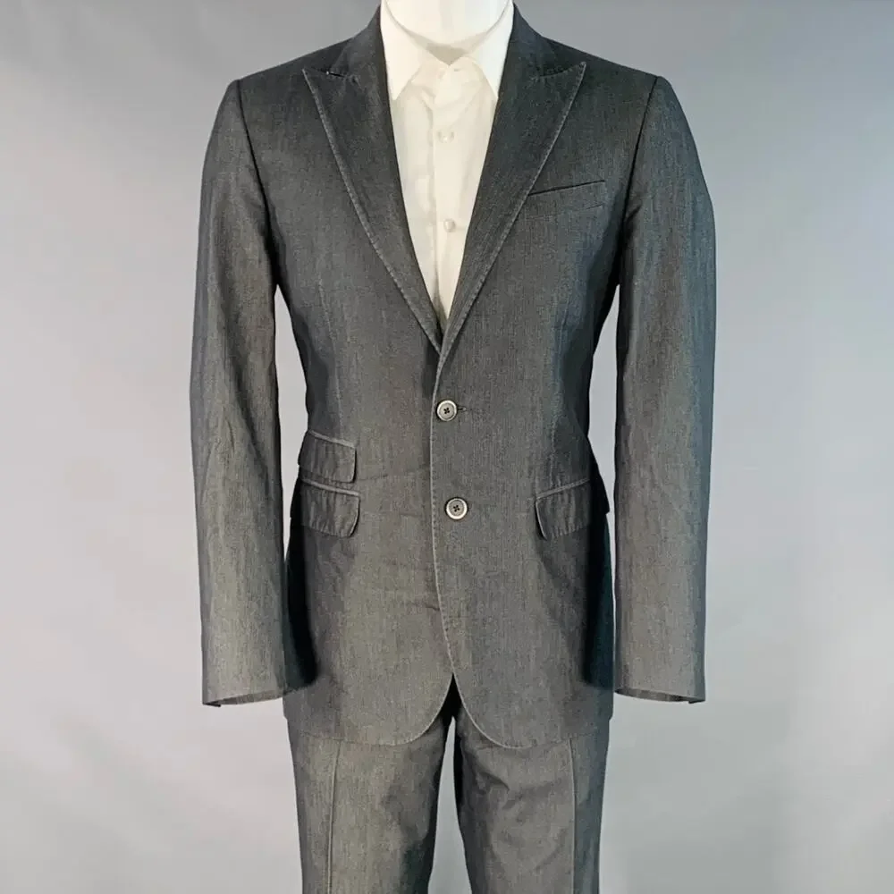 CORNELIANI Size 38 Grey Charcoal Herringbone Cotton Silk Peak Lapel Suit